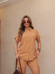 WOMEN'S SET SHORT SLEEVE SHIRT AND SHORTS SP034 - Khaki - View 3