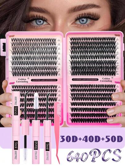 640片装睫毛嫁接套装，DIY睫毛嫁接套装，单根睫毛簇套装，D型卷翘睫毛嫁接套装，包含胶水、封层剂和睫毛嫁接工具，适合日常使用、派对、旅行或作为礼物送给家人和朋友。睫毛簇套装，假睫毛。