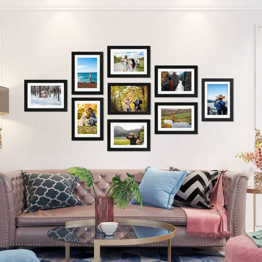 Tomnk 12-Pack Black Picture Frame Set - (4x6, 5x7, 8x10) Glass Front Photo Frames, Solid Engineered Wood Gallery Wall Decor With Hanging Hardware & Tabletop Stand, For Home, Wall & Party Decor - 黑色 - 查看 1