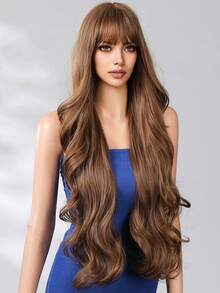 30 Inch Long Wig With Bangs Brown Synthetic Wigs For Women Bobo Wave Heat Resistant Long Wig Daily Party Uesd - 棕色 - 查看 3