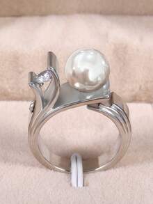 1 件优雅方晶锆石和人造珍珠戒指，适合女士结婚珠宝情人节礼物 - 銀色 - 查看 3