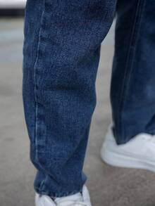 Jeans rectos casuales de unicolor para hombres - Azul lavado oscuro - Ver 7