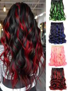 Peluca sintética ondulada de 18 pulgadas, extensiones de cabello con 5 piezas de clip, hechas de fibra sintética, resistente al calor, disponible en negro/rojo, adecuado para uso diario y vacaciones - Multicolor - Ver 1