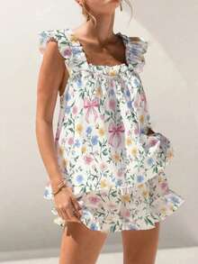 Womens Pajamas Set Bow Floral Print Ruffle Sleeveless Tank Top And Shorts Sleepwear Set Summer 2 Piece Outfits Women Floral Print Pajama Sets 2 Piece Lounge Set Ruffle Trim Sleeveless Top And Shorts Pjs Sleepwear - 蝴蝶結多色花 - 查看 5