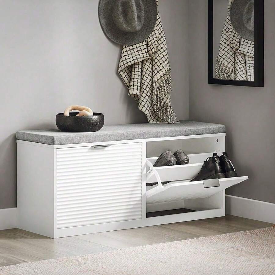 SoBuy FSR147-W, Hallway Shoe Bench Shoe Rack Shoe Cabinet With 2 Flip-Drawers And Seat Cushion