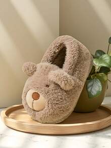 1 par de pantufas infantis de pelúcia com estampa de urso de desenho animado, antiderrapantes, de salto baixo e quentes para uso interno, adequadas para outono/inverno - Caqui - Ver 6