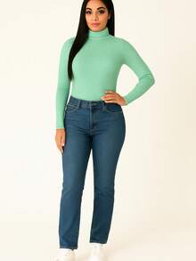 Cacharrel Women's Ribbed Blouse, Mid-Neck, Long Sleeve, Second Skin, Simple Casual Fashion - Mint Green - View 2