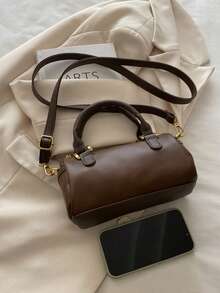 Tas Tangan Mewah untuk Wanita, Tas Genggam Silinder Bulat Serbaguna dan Modis Terbaru, Tas Selempang Bahu dengan Penutup Resleting, Tas Boston Kulit PU Warna Kontras - Coffee Brown - View 6