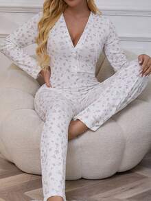 1件装女士卡通碎花印花罗纹性感连体睡衣，圣诞节假日家庭睡衣，秋季，冬季 - 白色 - 查看 5