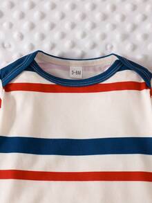 2件套男婴休闲舒适秋季新款条纹蓝红+小熊图案长袖连体衣两件套 - 米色 - 查看 5