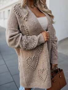 Plus Size Women Classic Solid Color Cardigan, Elegant Mature Versatile Loose Fit Open Front Long Sleeve Sweater, Autumn/Winter - 卡其色 - 查看 2