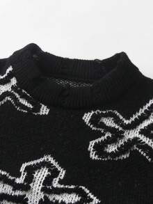 男童街头风十字图案针织套头毛衣，长袖，适合春、秋、冬季休闲穿着。 - 黑色 - 查看 4