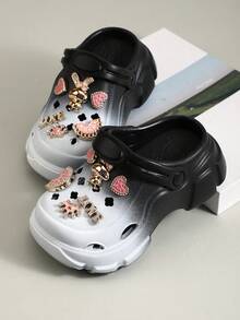 1 Pair Girls Gradient Pink-White Round Toe Cute Gold Plated Rabbit Decor Thick Bottom EVA Anti-Slip Breathable Sandals, Suitable For Summer - Black and White - View 3