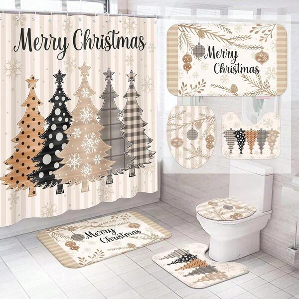 1/4 Pcs Christmas Decor Christmas Tree Shower Curtain Set, Waterproof Shower Curtain With 12 Hooks, Non-Slip Bathroom Rug, U-Shaped Toilet Mat, Toilet Lid Cover, Bathroom Decor, Bathroom Shower Curtain Set, Bathroom Accessories