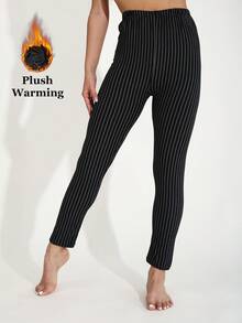 Women's Thermal Lined Black Leggings, European And American Fashion Casual Minimalist Line Pattern All-Over Print, Elegant Stretchy Skinny Pants For Home, Workout, Yoga, Gym, Running, Outdoor Walking, Party, Gift