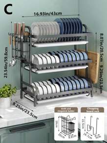 1pc Kitchen Rack, Dish Rack, Multifunctional Tabletop Bowl & Plate Storage Organizer, Multilayer - Black - View 13