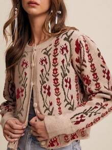 新款简约圆领提花长袖短款秋冬花卉纽扣开衫，酒红色/棕色，优雅日常针织衫 - 彩色 - 查看 6