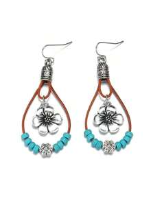 1 Pair Bohemian Style Alloy Plum Blossom Pendant With Turquoise Beads, Double Layer Dangle Earrings, Vintage Fashionable Jewelry Women, Suitable All Seasons - 許多 - 查看 4