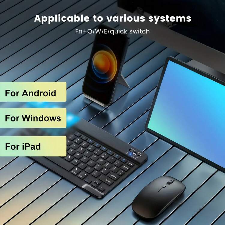 Teclado y Ratón Inalámbricos Recargables Delgados de 7.62 inch en Inglés para iPad Air Pro, Tableta con Android y Windows - Rosa Pálido - Añade 4