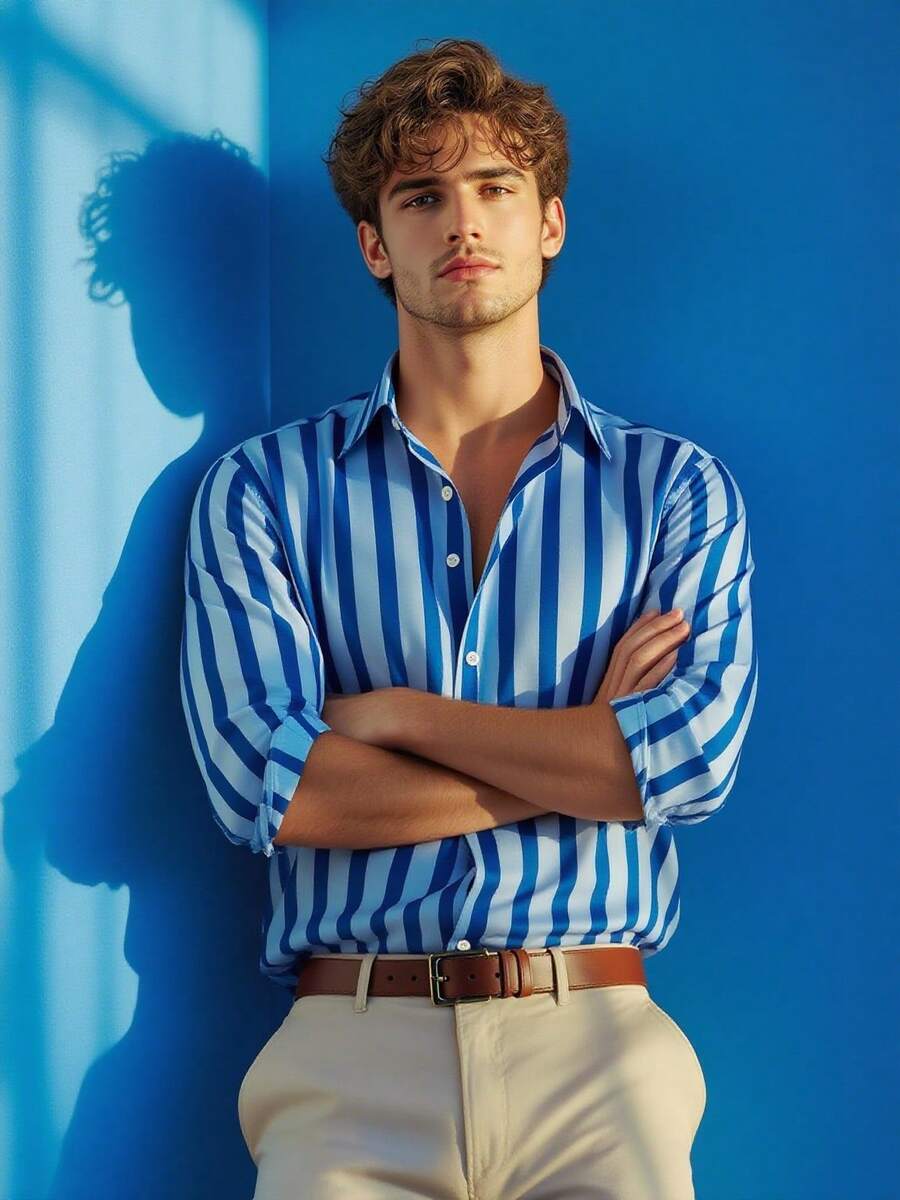 Áo sơ mi nam tay dài cài nút họa tiết sọc thường ngày, mùa thu, Giáng sinh