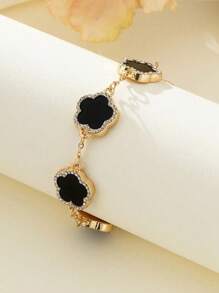 4pcs Glittering Clover Jewelry Set, Diamond Encrusted Black Flower Necklace, Bracelet, Earrings, Casual Everyday Wear, Holiday Gift Accessory - Multicolor - View 4