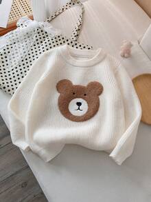 Suéter de punto con bordado de oso lindo para niñas, adecuado para uso casual en primavera, otoño e invierno