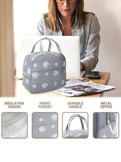 Bolsa de almuerzo aislada con estampado de margaritas y bolsillo de almacenamiento para cubiertos negros para mujeres y hombres, bolsa de almuerzo aislada y resistente a fugas, de gran capacidad, reutilizable, impermeable y aislada, adecuada para la oficina, el trabajo, la escuela, picnics, la playa, organizador escolar, organizador de maestros, bolsa de aula, organizador de aula, regreso a clases, día del maestro.