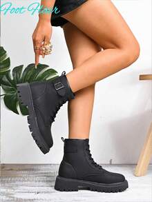 Women's Round Toe Lace-Up Side Zipper Black Combat Boots, New Autumn/Winter PU Leather Fashion Versatile Punk Boots, Multi-Functional Outdoor Non-Slip Boots