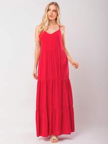 Women's Long Viscose Dress With Adjustable Straps - 紅色 - 查看 1