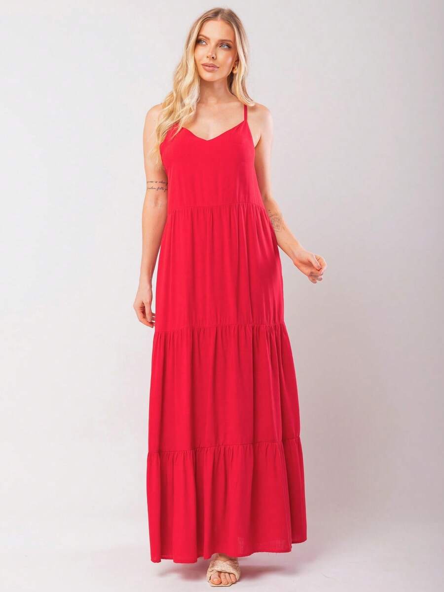 Women's Long Viscose Dress With Adjustable Straps - 紅色 - 查看 1