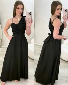 Women's Long Dress With Straps, Elegant Bow, Chic Party, Wedding, Graduation, Evangelical Fashion, Bojo - 黑色 - 查看 2