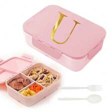 Caja de almuerzo de plástico con 3 compartimentos y patrón de 26 letras, de gran capacidad, apta para microondas, contenedor de almacenamiento de alimentos, caja bento portátil con cuchara y tenedor, adecuada para picnic, oficina, aperitivos - Rosa - Ver 24