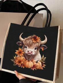 Bolso de mano de lino negro con estampado de vaca de las tierras altas, diseño de estilo campestre con patrón de vaca de las tierras altas, bolsa de cosméticos de gran capacidad con cuerda de mano, regalo de Navidad, monedero de lino negro, bolsa de compras negra, bolsa de cosméticos, con diseño de estampado de letras y patrones artísticos para mujer, de vuelta a la escuela, uso diario como bolsa de compras conveniente, regalo de agradecimiento para maestros, bolso de lona de gran capacidad para mujer, conjunto de bolso y estuche de maquillaje