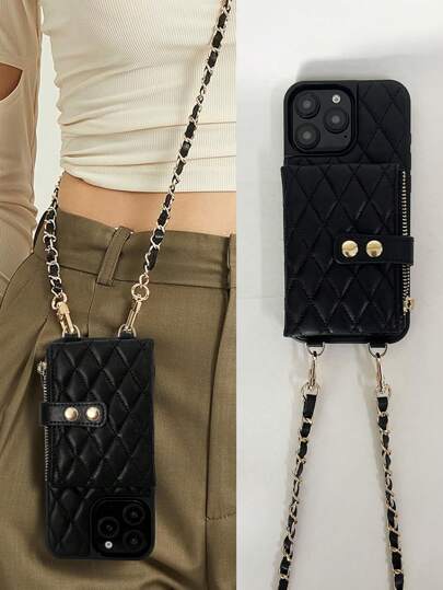 1pc Rhombus Double Buckle Fragrant Wind Phone Zipper Bag, Luxurious Minimalist Coin Card Holder Wallet Detachable Phone Case With Card Slot And Leather Strap, Large Capacity Coin Card Storage, Premium Faux Leather Quilted Cover, Compatible With IPhone/ Galaxy S24 Ultra, 17 Pro Max/16 Pro Max/12 Pro/13/14 Plus/15 Pro Max/16 Pro Max, Crossbody Vacation Portable Protective Case