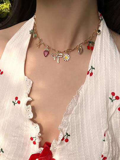 1pc Fruit Style Strawberry Bow Starfish Cherry Heart Flower Fun Charm Necklace, Suitable For Women's Daily Wear, Gifts, Fashion Accessories