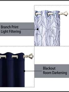 2 件树枝印花 + 2 件纯色遮光窗帘 4 件套，乡村花卉印花装饰窗帘，顶部有不锈钢环，方便安装 - 灰色 - 查看 2