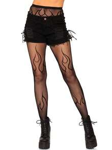 1pc Women's Curve Tights, High Stretch Skinny Pants, Flame Jacquard Fishnet Hollow Mesh Sexy Pantyhose, Thin Mesh Black Stockings, Y2K Tights, Fashion Versatile, Suitable For Halloween