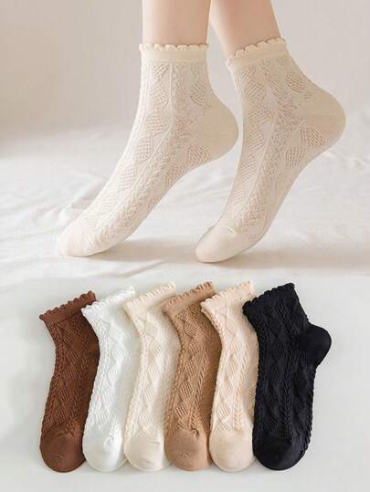 1/5/6 双女士纯色钻石纹提花短袜，蕾丝边踝袜，舒适透气保暖，适合春秋冬