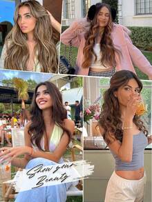 Extensiones de cabello de 20 pulgadas con clip, 4 piezas de extensiones de cabello ondulado, rubio arenoso con extensiones de cabello con reflejos blancos para mujeres