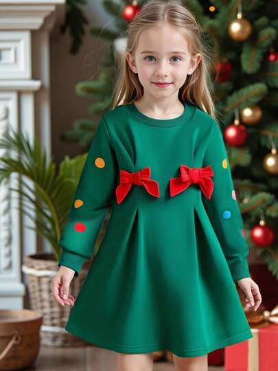 女童波尔卡圆点印花褶皱前襟蝴蝶结装饰圆领长袖羊毛休闲连衣裙，适合日常穿着、圣诞派对、家庭出游