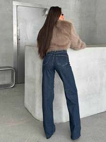 SQUALO Women's High Waist Straight Leg Jeans Work Women Clothes - Navy Blue - View 3