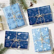 12 piezas Papel de regalo azul de Navidad - Patrón de copos de nieve y renos, para cajas de regalo, recuerdos y decoración, papel de regalo de Navidad, decoraciones de fiesta de Navidad, patrón aleatorio