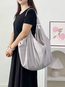 Bolso de hombro de gran capacidad con patrón de unicolor, bolso cruzado minimalista de estilo para mujer de vuelta al colegio, bolso de tela de nailon, bolso casual y práctico multiusos, adecuado para trabajo, estudio y viaje - Gris Claro - Ver 6