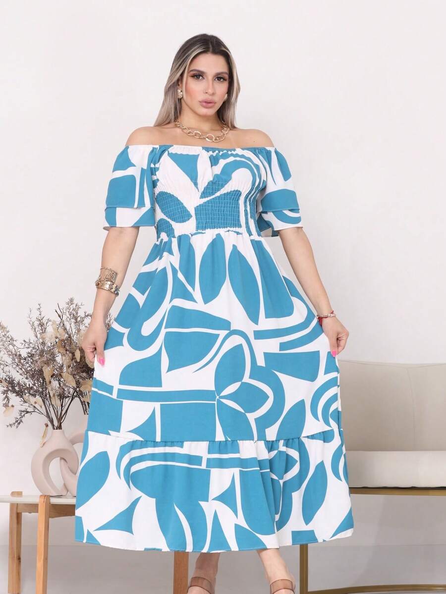 Women's Long Midi Dress With Puffer Sleeves And Frills, Off-The-Shoulder, Tres Marias Floral - 綠松石藍 - 查看 1
