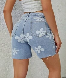 Kissmelady 8414 Button Pocket Raw Hem Zipper Floral Short Jeans 8414 - Rửa trung bình - Xem 2