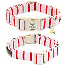 Elegant Little Tail Dog Collar Cute Pink With Red Strip Pattern Pet Collars Soft Girl Or Boy Adjustable Puppy Collar With Quick Release Buckle
