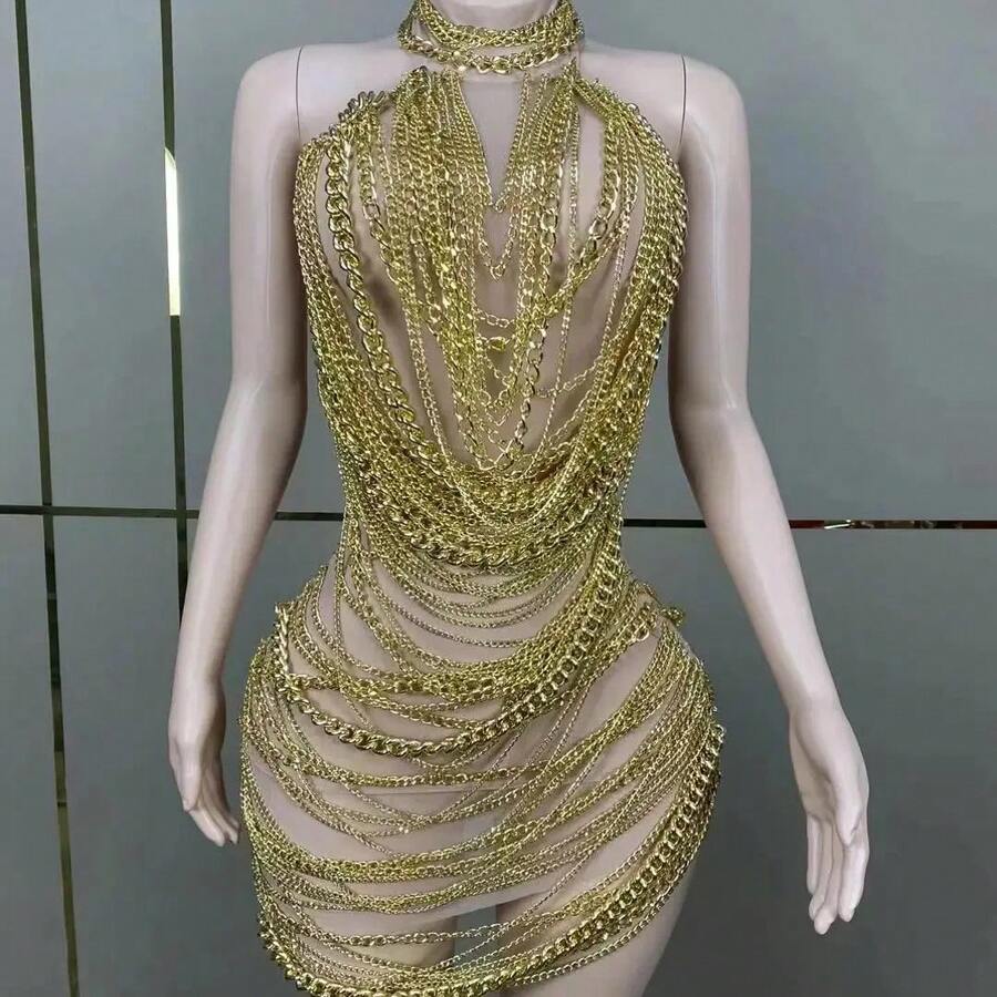 Fashion See Through Nude Mesh Women Dress Shiny Golden Chain Dress Party Bar Wear Singing Stage Performance Costume - 裙子 - 查看 1