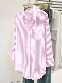 Blusa de mujer de manga larga con cuello puntiagudo y bolsillos con botones, a rayas, de estilo casual básico, adecuada para uso diario en la oficina, otoño/invierno/primavera - Rosa - Ver 2