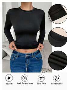 1 件秋冬保暖内衬圆领长袖女式修身休闲运动瑜伽分层上衣 - 黑色 - 查看 5