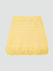 Women's Fashionable Fringe Decor Plaid Casual Knit Skirt, Spring/Summer - Yellow - View 2